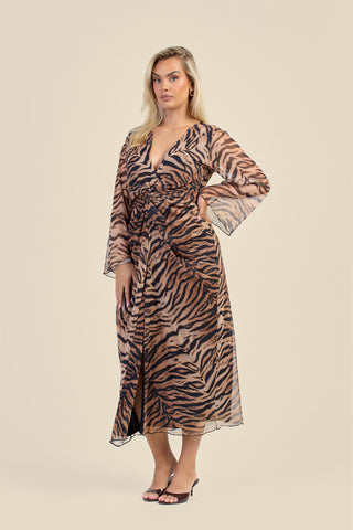 Curve Brown Tiger Print Twist Front Flare Sleeve Midaxi Dress
