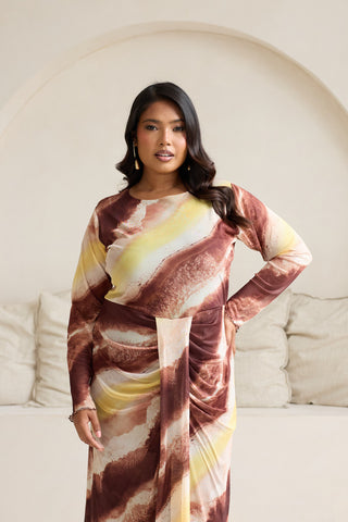 Curve Abstract Print Draped Front Long Sleeve Midi Dress