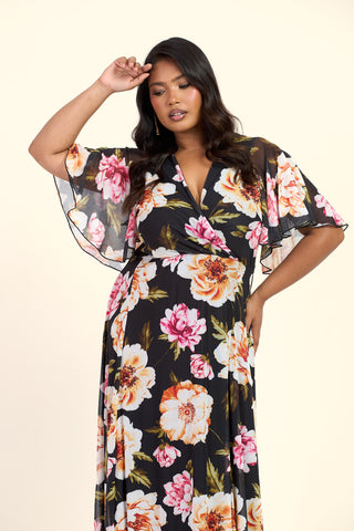 Curve Dark Floral Angel Sleeve Maxi Dress
