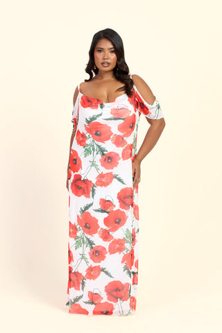 Curve Cold Shoulder Poppy Print Strappy Maxi Dress
