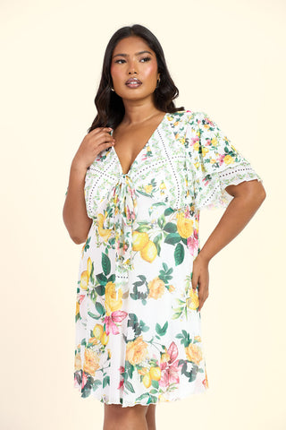 Curve Mixed Lemon Print Flutter Sleeve Mini Skater Dress