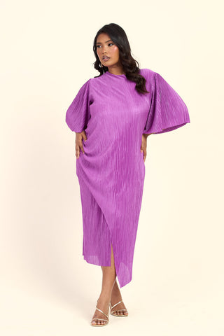 Curve Plisse Ruched Side Flutter Sleeve Midi Dress