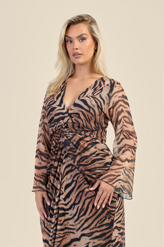 Curve Brown Tiger Print Twist Front Flare Sleeve Midaxi Dress