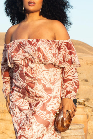 Curve Ruffle Bardot Abstract Floral Midaxi Dress