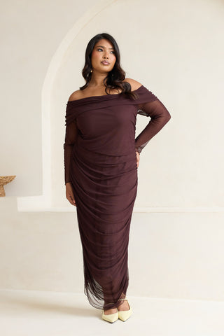 Curve Bardot Ruched Mesh Midaxi Dress
