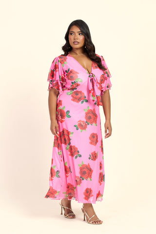 Curve Bold Floral Flutter Sleeve Tie Front Midi Dress