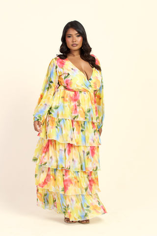 Curve Floral Print Ruffle Balloon Sleeve Maxi Dress