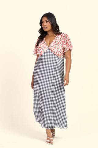 Curve Gingham And Floral Mixed Print Flutter Sleeve Midi Dress