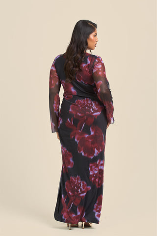Curve Cowl neck Mesh flare sleeve Dark floral Maxi Dress