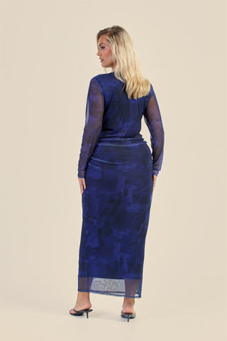 Curve Navy Abstract Ruched Mesh Midaxi Dress