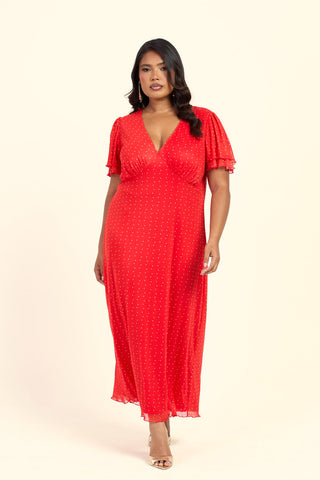Curve Polka Dot Flutter Sleeve V Neck Midi Dress