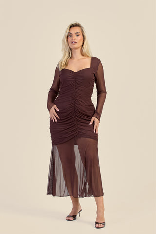 Curve Ruched Body Mesh Drop Hem Maxi Dress