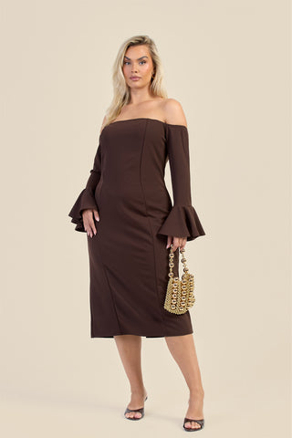 Curve Bardot Ruffle Sleeve Scuba Midi Dress