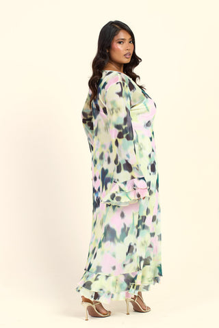 Curve Blurred Floral Round Neck Long Sleeve Ruffle Swing Midaxi Dress