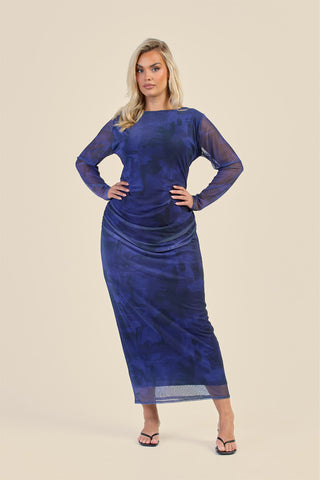 Curve Navy Abstract Ruched Mesh Midaxi Dress