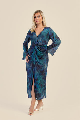 Curve Teal Floral Twist Front Mesh Midi Dress