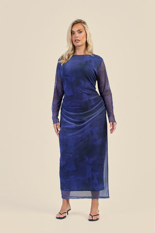 Curve Navy Abstract Ruched Mesh Midaxi Dress
