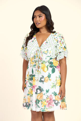 Curve Mixed Lemon Print Flutter Sleeve Mini Skater Dress