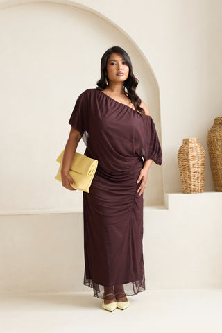 Curve Drop Shoulder Ruched Mesh Chocolate Midaxi Dress