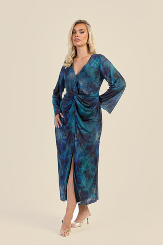 Curve Teal Floral Twist Front Mesh Midi Dress