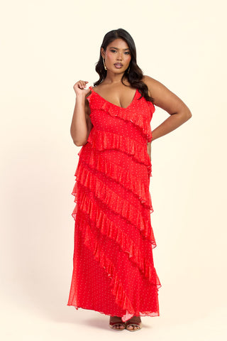 Curve Red Polka Dot Ruffle Strappy Maxi Dress