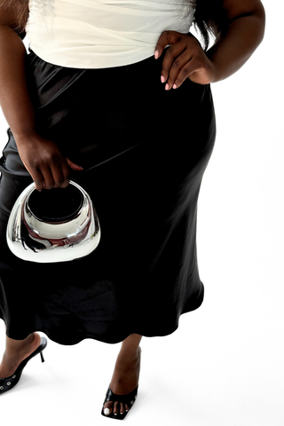 Curve satin slip midi skirt in black