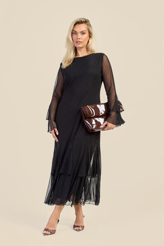 Curve Godet Skirt Flare Sleeve Mesh Maxi Dress