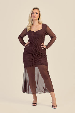 Curve Ruched Body Mesh Drop Hem Maxi Dress