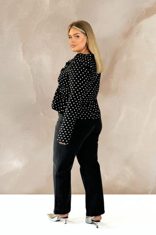 Curve woven ruffle and flared sleeve blouse in polka dot