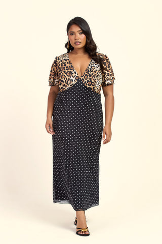 Curve Mixed Leopard And Polka Dot Print Flutter Sleeve V Neck Midi Dress
