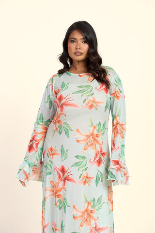 Curve Lily Print Long Sleeve Ruffle Swing Maxi Dress