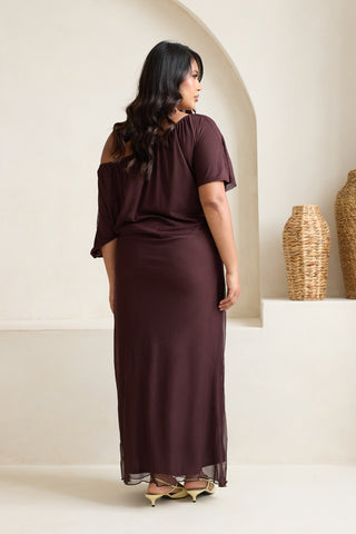 Curve Drop Shoulder Ruched Mesh Chocolate Midaxi Dress