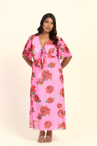 Curve Bold Floral Flutter Sleeve Tie Front Midi Dress