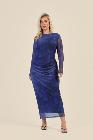 Curve Navy Abstract Ruched Mesh Midaxi Dress