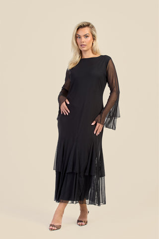 Curve Godet Skirt Flare Sleeve Mesh Maxi Dress