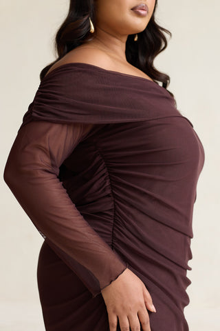 Curve Bardot Ruched Mesh Midaxi Dress