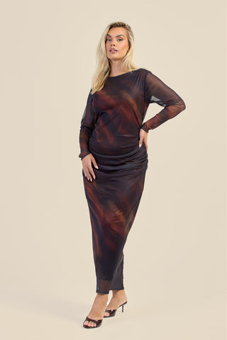 Curve Ombre Stripe Ruched Mesh Midaxi Dress