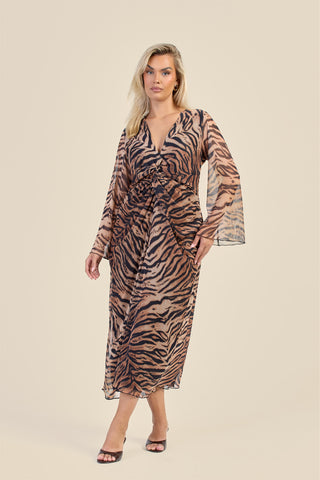 Curve Brown Tiger Print Twist Front Flare Sleeve Midaxi Dress