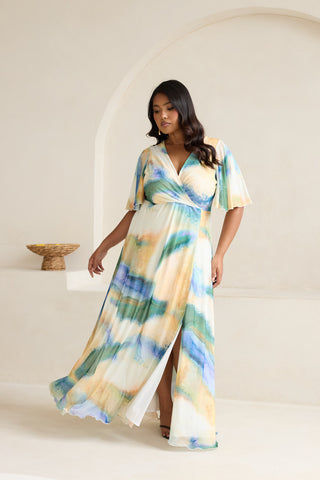 Curve Abstract Print Angel Sleeve Wrap Front Maxi Dress