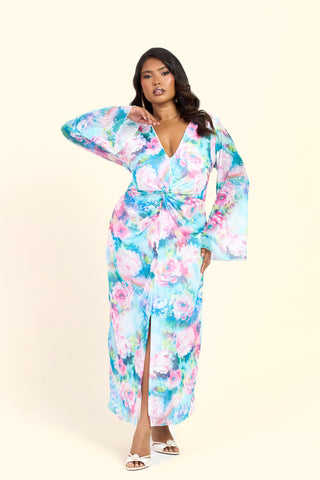 Curve Blurred Floral Pastel Flare Sleeve Twist Front Midi Dress