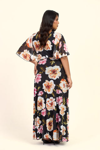 Curve Dark Floral Angel Sleeve Maxi Dress