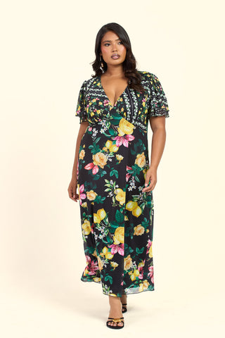 Curve Mixed Lemon Print Flutter Sleeve V Neck Midi Dress