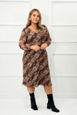 Curve long sleeve snake print buckle detail midi dress