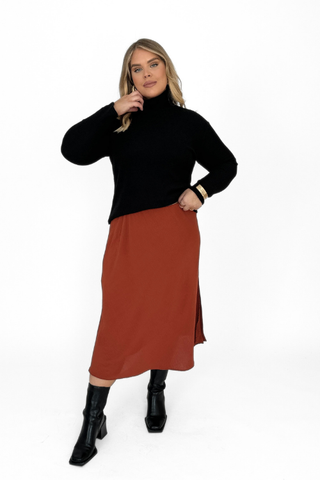 Curve A Line midi skirt in crepe with side split in rust
