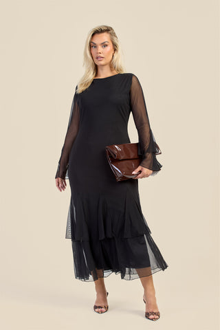 Curve Godet Skirt Flare Sleeve Mesh Maxi Dress