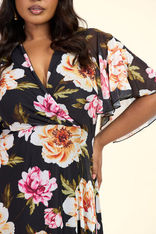 Curve Dark Floral Angel Sleeve Maxi Dress