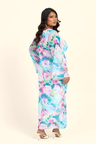Curve Blurred Floral Pastel Flare Sleeve Twist Front Midi Dress