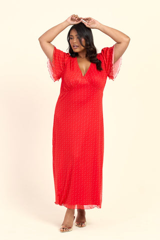 Curve Polka Dot Flutter Sleeve V Neck Midi Dress