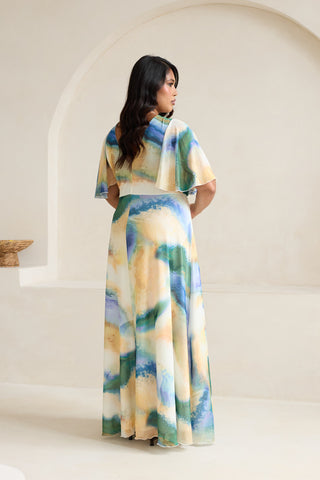 Curve Abstract Print Angel Sleeve Wrap Front Maxi Dress