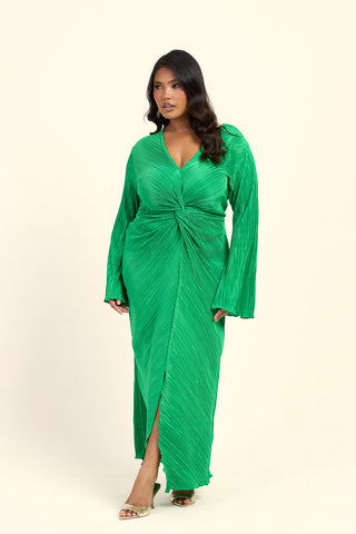 Curve Twist Front Plisse Flare Sleeve Midaxi Dress